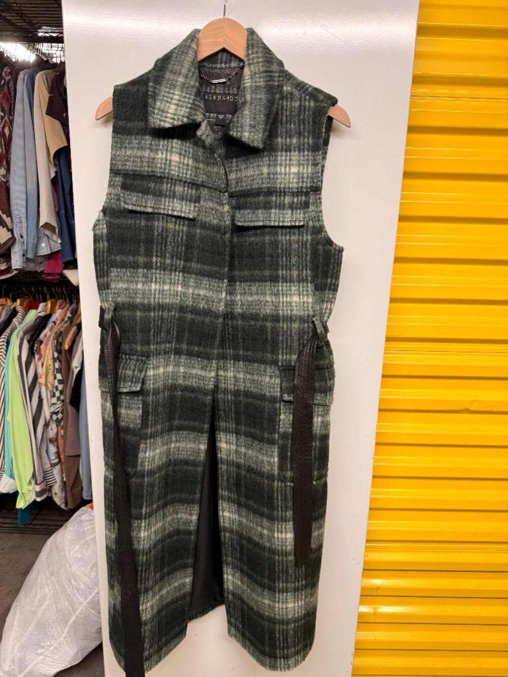 Bernardo Long Plaid Wool Vest Coat Belted Sleeveless Trench Green Small